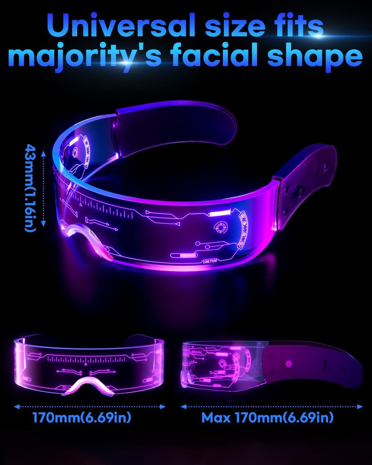 LED Visor Glasses Light Up: [7 Colors 4 Modes] Cyberpunk Futuristic Luminous Cosplay Glasses Rave Cyber Lightup Goggles (High Tech)