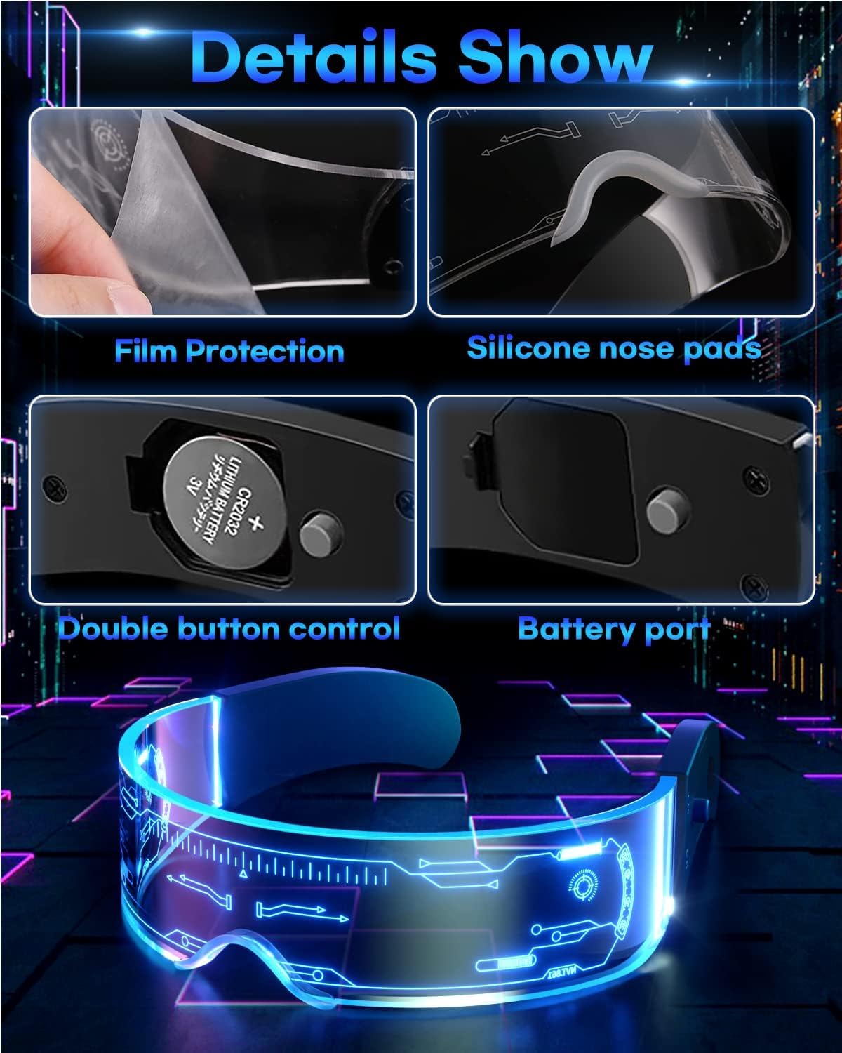 LED Visor Glasses Light Up: [7 Colors 4 Modes] Cyberpunk Futuristic Luminous Cosplay Glasses Rave Cyber Lightup Goggles (High Tech)